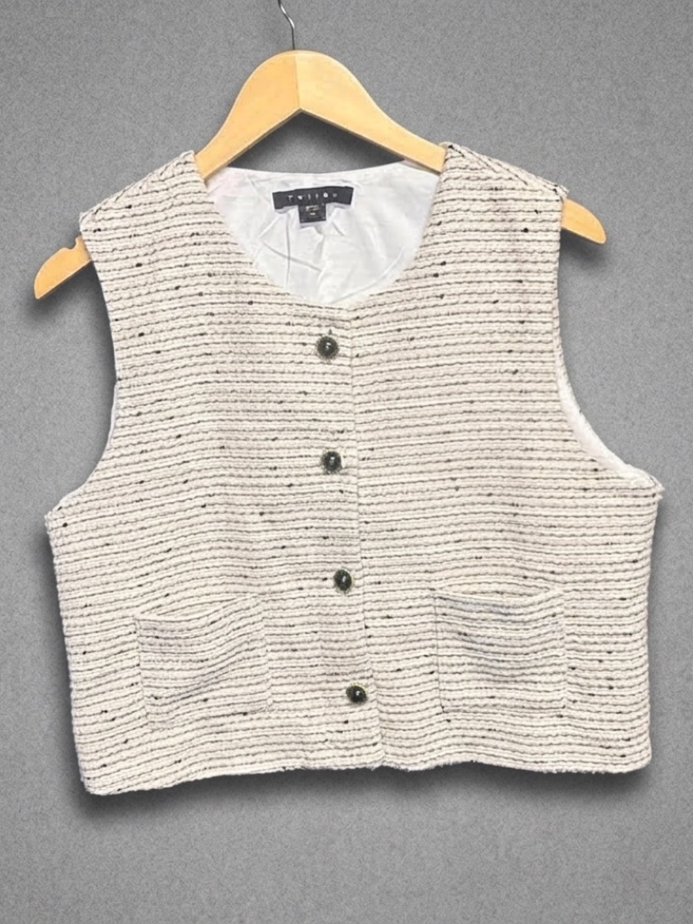 Tuille Tweed Crop Vest XL White Black Gold Button Pocket Chanel Style Academia